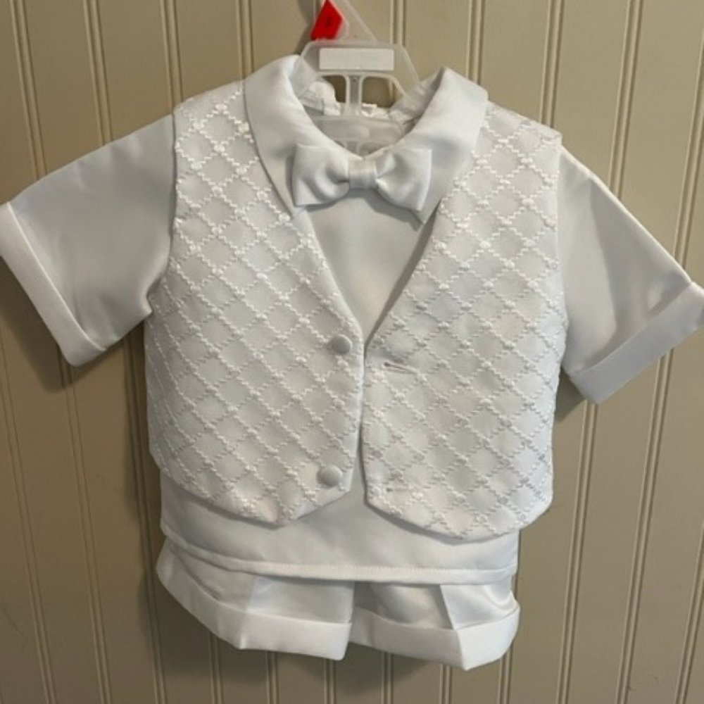 Adorable toddler white baptism or wedding suit with bonnet style hat  2T